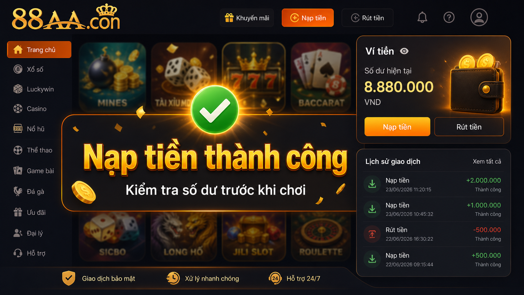 Nạp tiền 88AA thành công và kiểm tra số dư