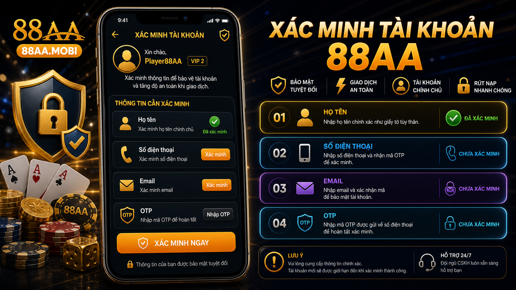 Xác minh tài khoản 88AA thành công